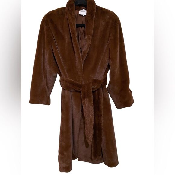 Vince X Revolve Faux Fur Mahogany Brown Belted Coat Ultra Chic Soft Quiet Luxury - Picture 7 of 14